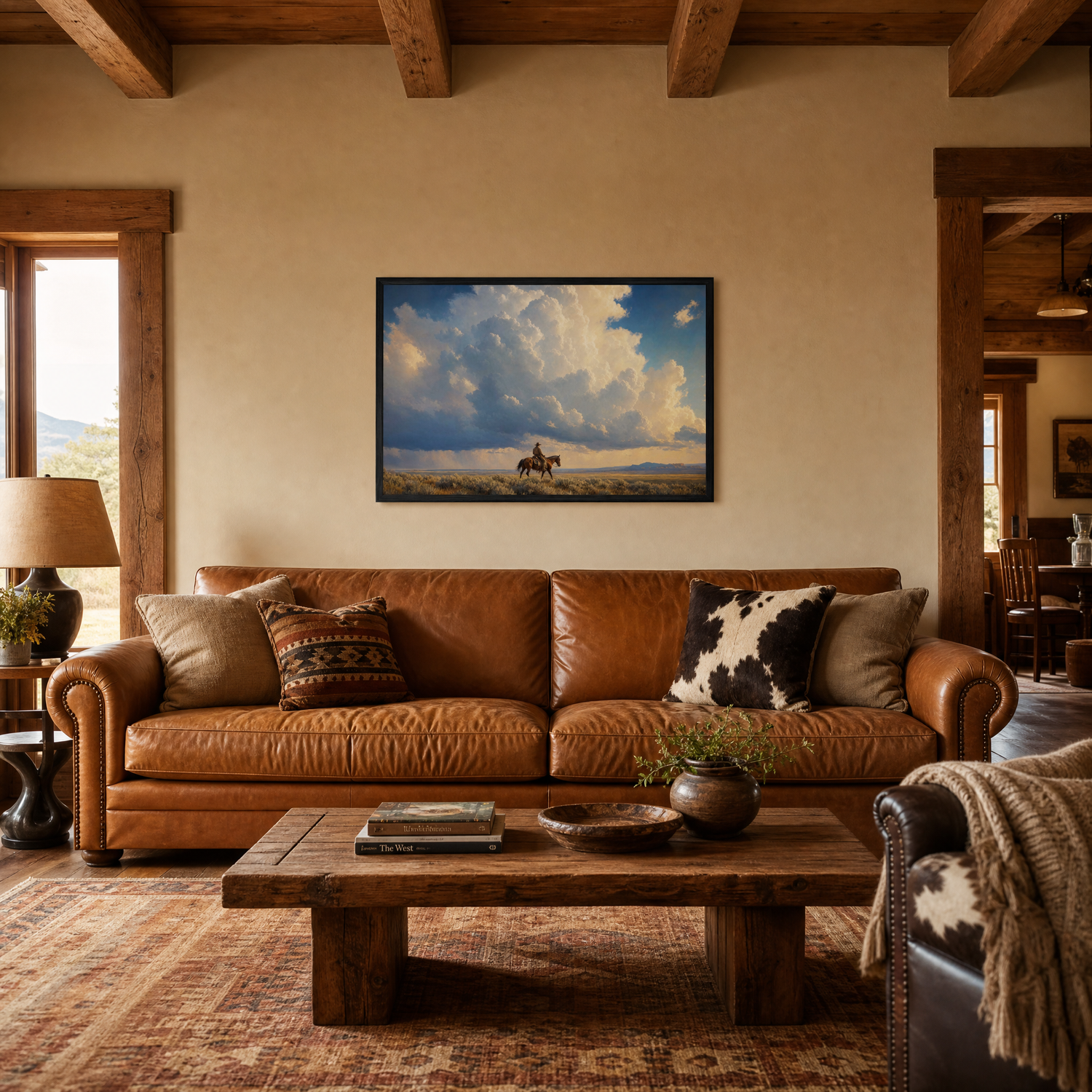On the Road framed print shown at realistic scale above a leather sofa in a warm ranch-style living room.