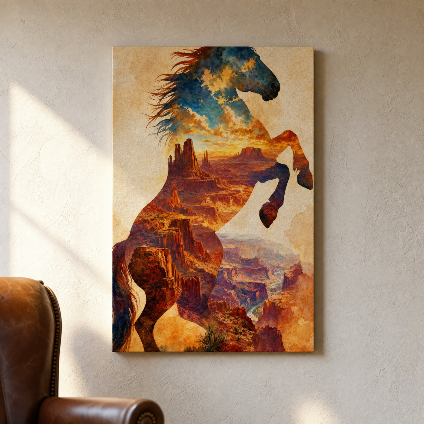 Canyon Stallion gallery-wrapped canvas hanging on a warm plaster wall — Canvas of America