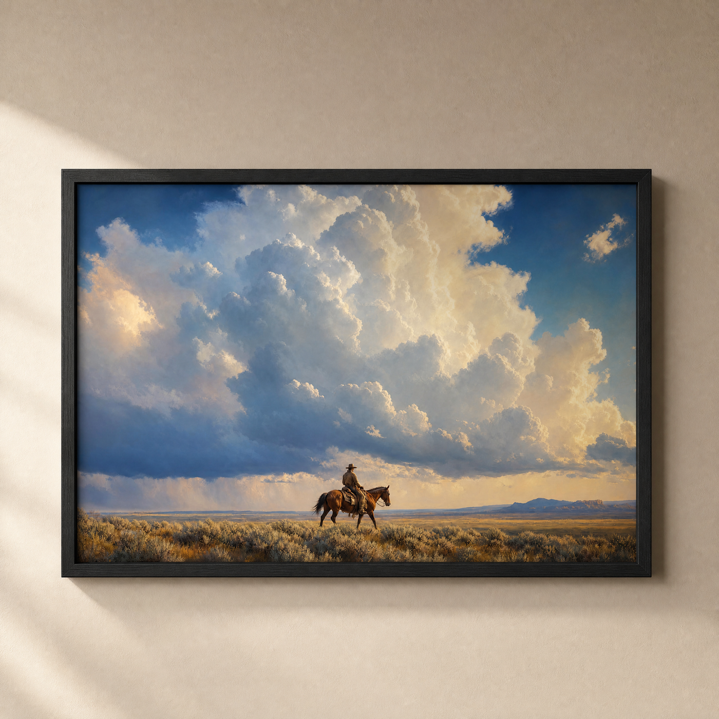 On the Road framed print in a slim matte black frame on a warm greige wall — a lone rider under a vast sky, ready to hang.