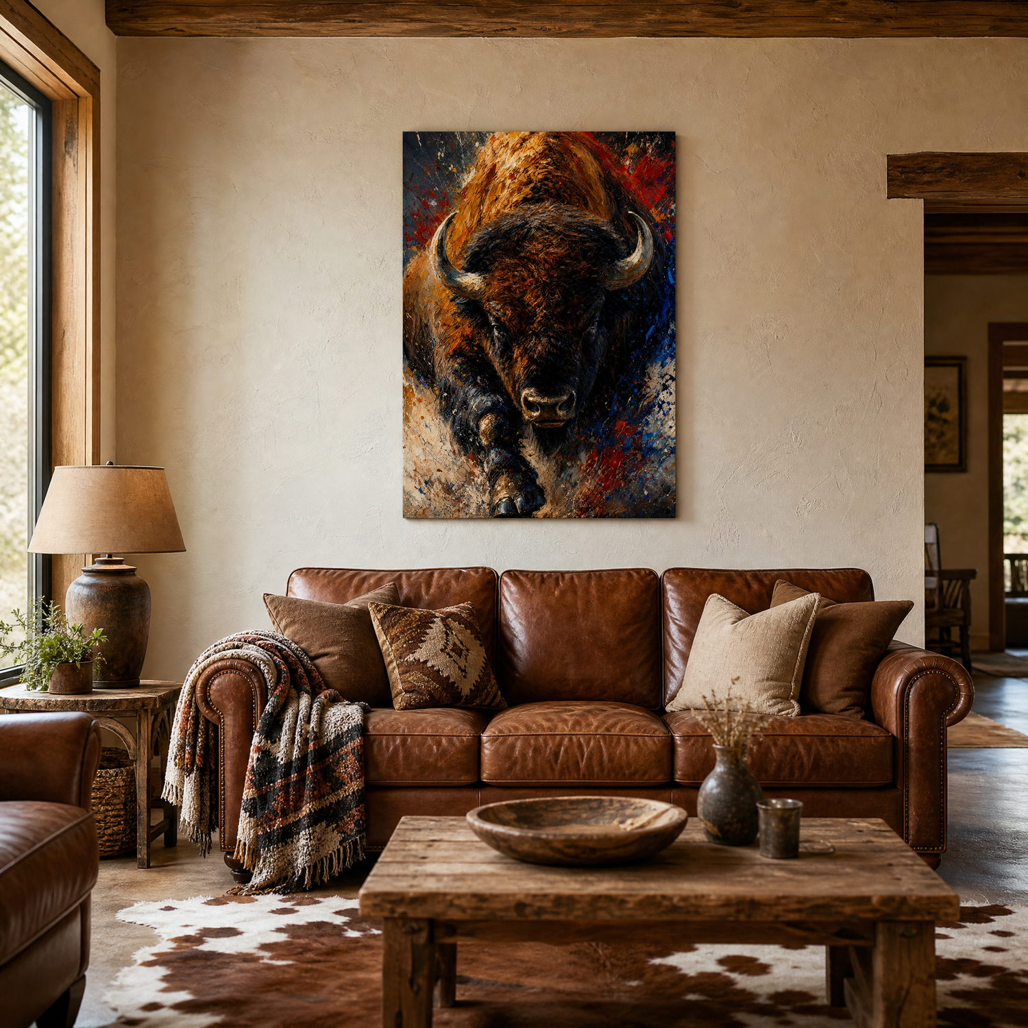 Thunder Run canvas above a leather sofa in a ranch-modern living room, shown 28x40″