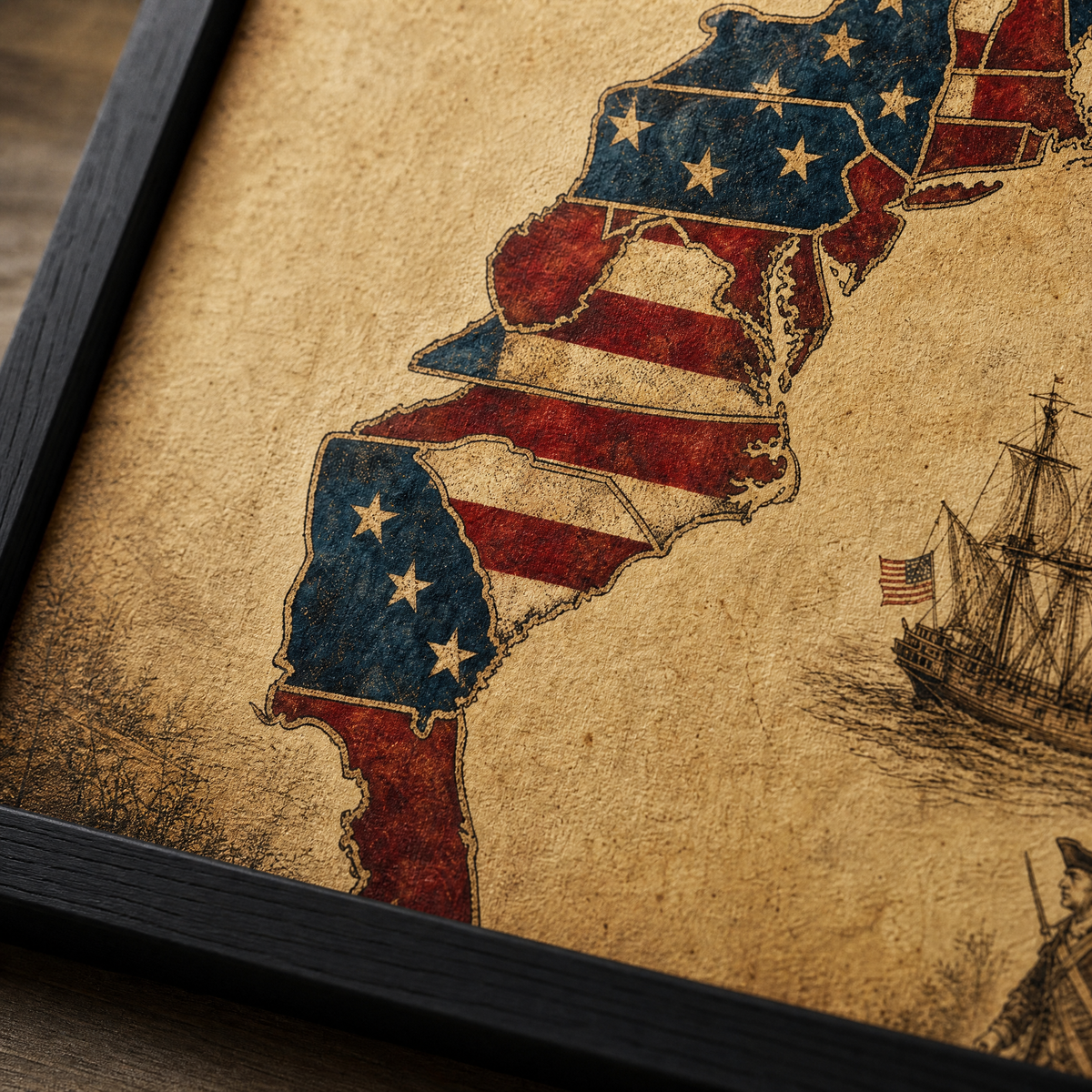 Close-up detail of the vintage map on matte museum fine-art paper, showing the aged parchment texture and colony detail.