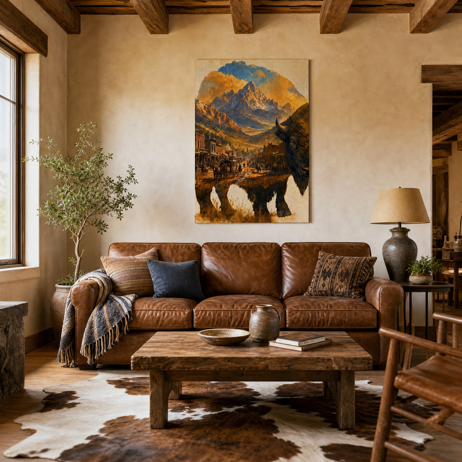 The Frontier canvas above a leather sofa in a ranch-modern living room, shown 28x40″