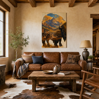 The Frontier canvas above a leather sofa in a ranch-modern living room, shown 28x40″