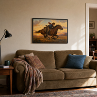 Wild Sunset framed print above a sofa in a lived-in living room