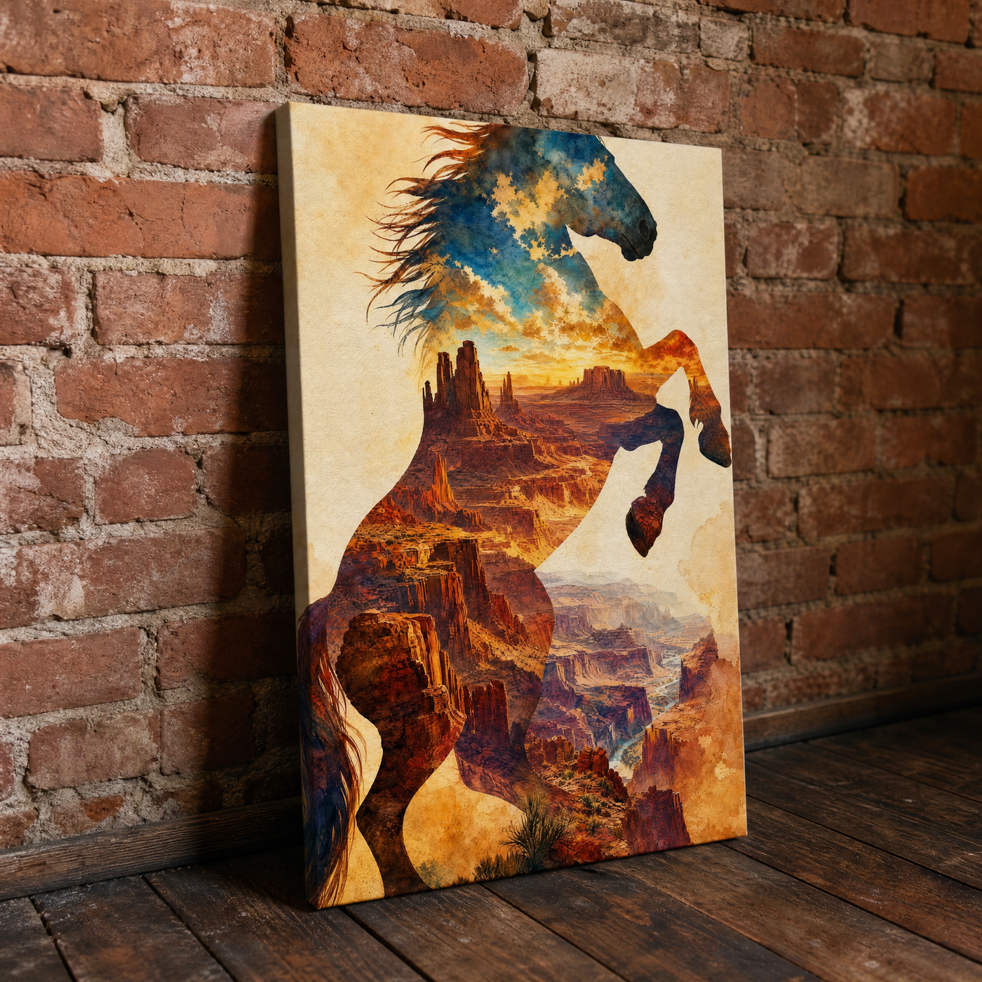 Canyon Stallion canvas leaning against an exposed brick wall — gallery wrap edge visible