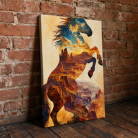 Canyon Stallion canvas leaning against an exposed brick wall — gallery wrap edge visible