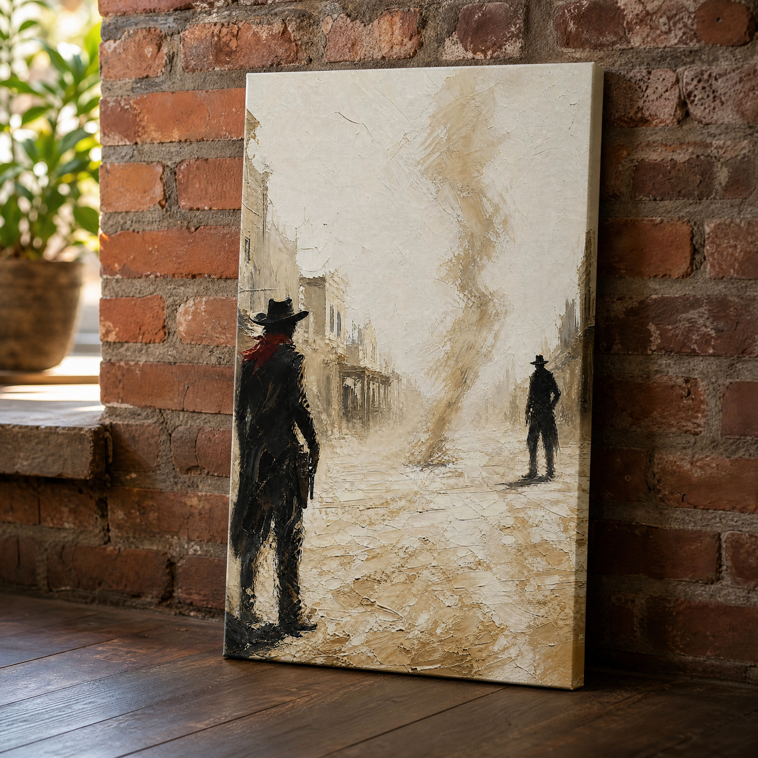 The Standoff canvas leaning against an exposed brick wall — gallery wrap edge visible