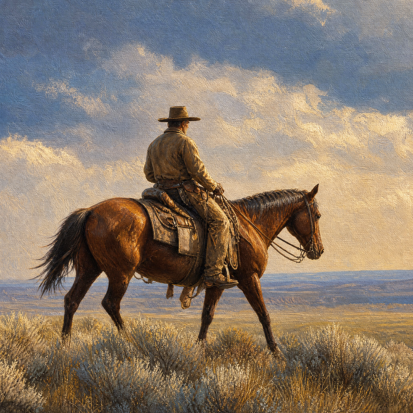Close-up detail of the lone rider and horse, showing the matte museum paper grain and painterly brushwork.