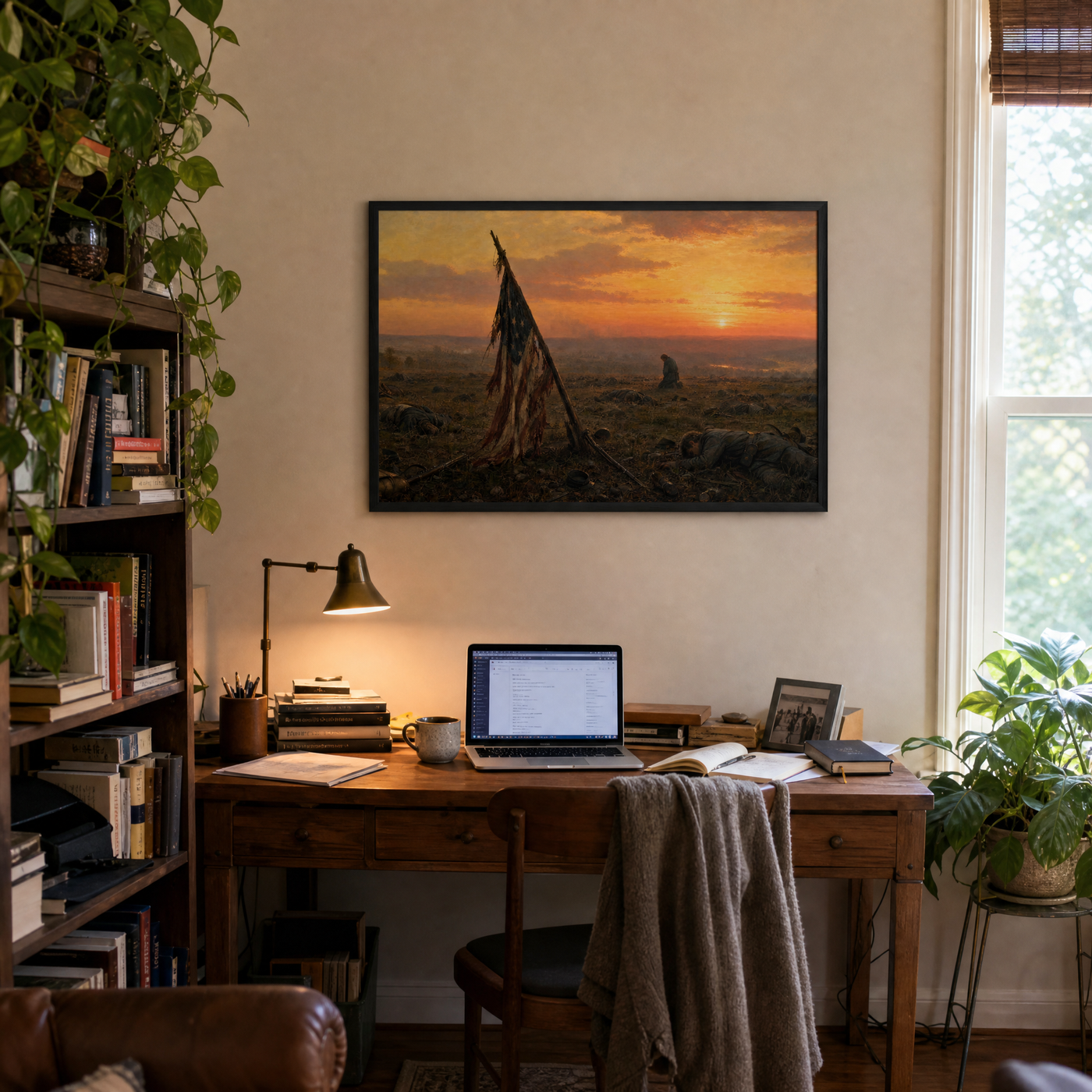 Battlefield at Dusk framed print in a lived-in home study