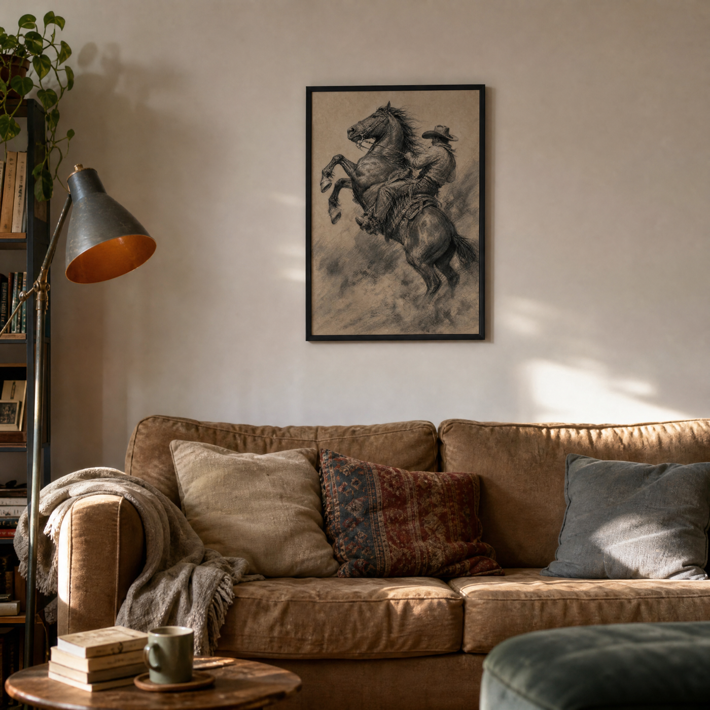 The Rodeo Rider framed print above a sofa in a lived-in living room
