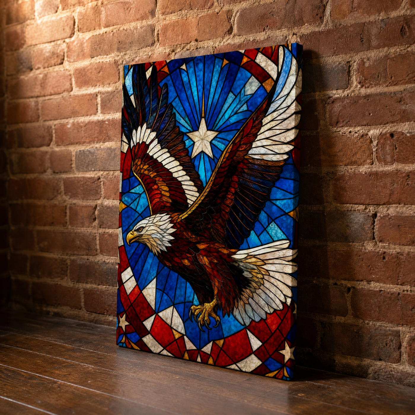 Liberty in Glass canvas leaning against an exposed brick wall — gallery wrap edge visible