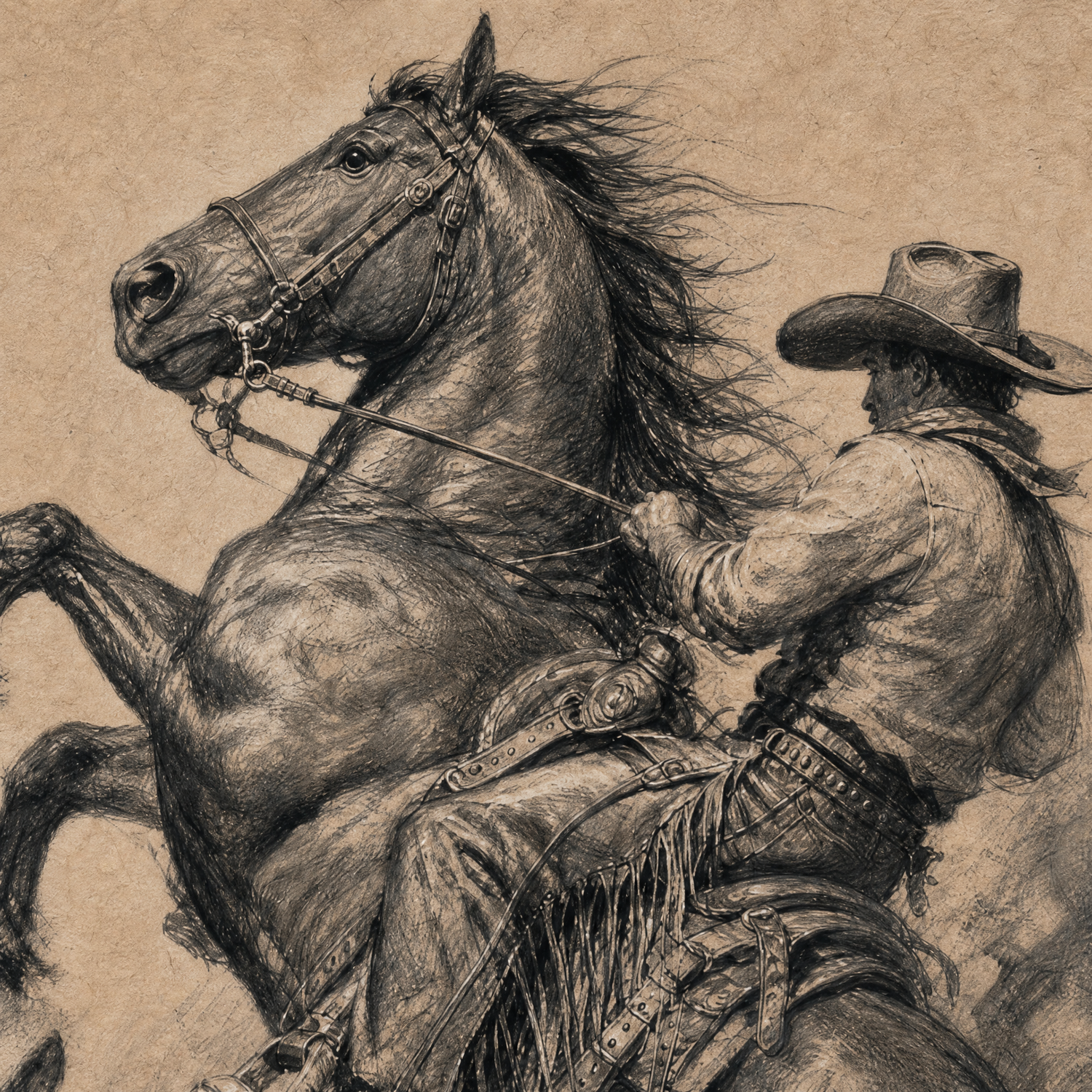 The Rodeo Rider print detail — cowboy and rearing horse close-up