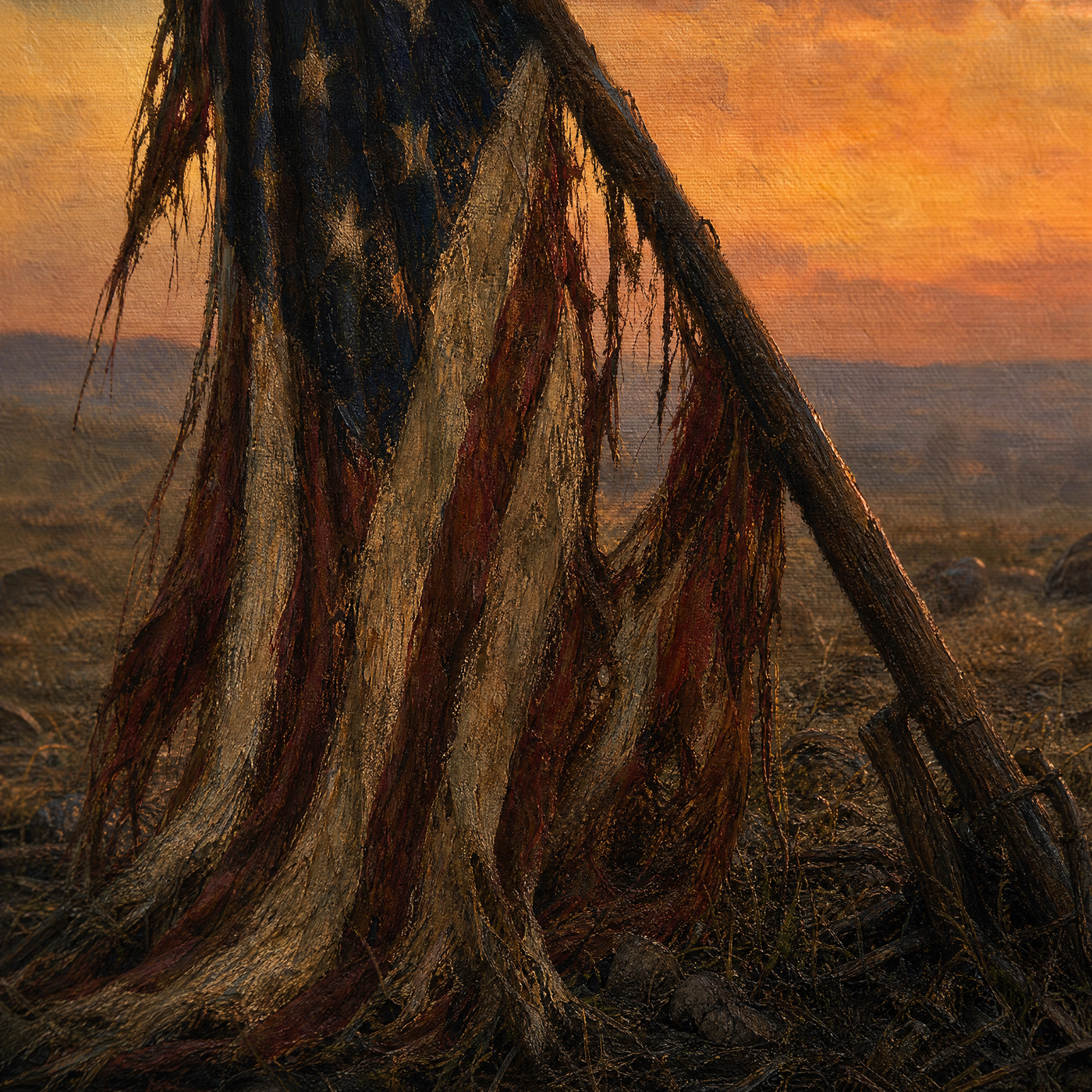 Battlefield at Dusk print detail — tattered battle flag close-up