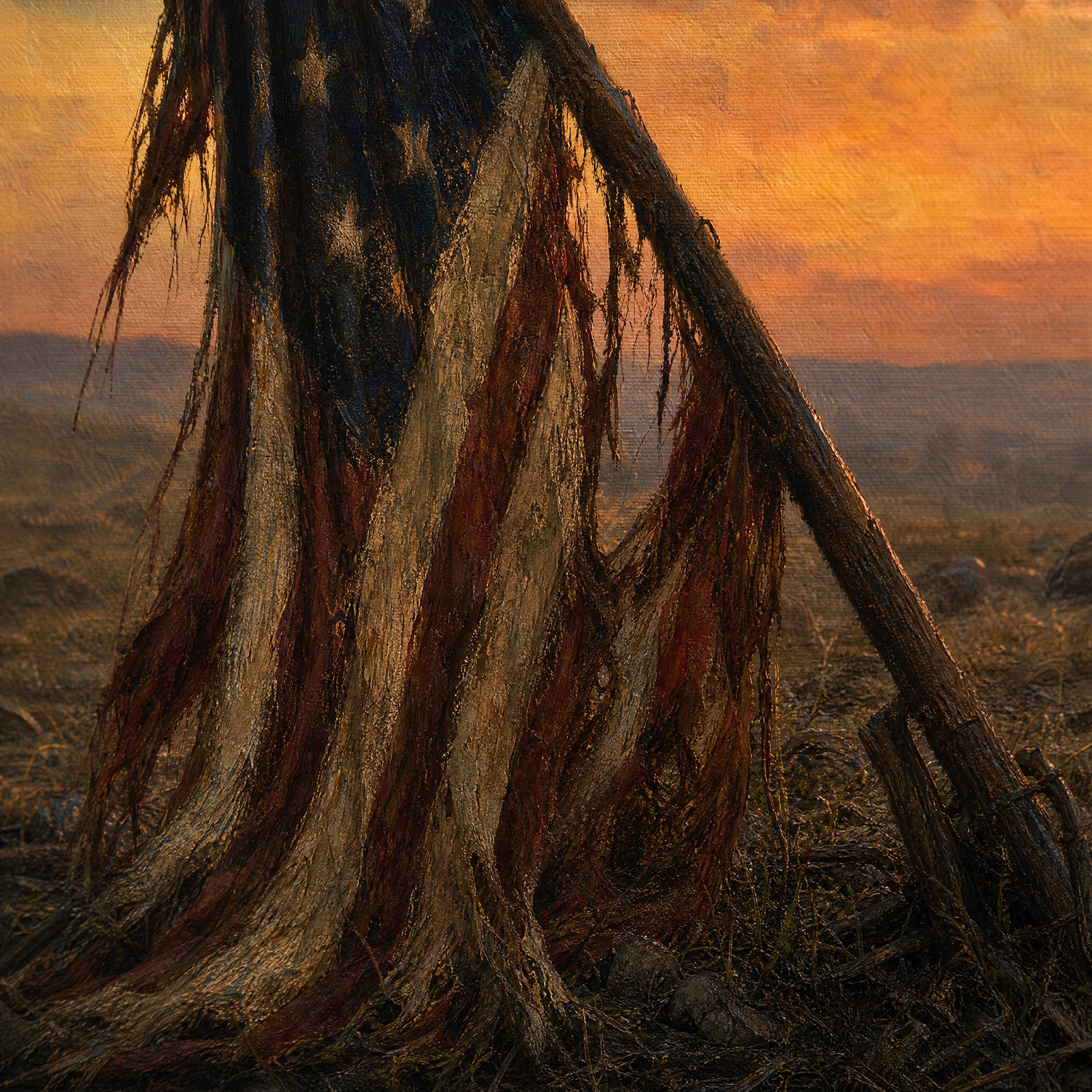 Battlefield at Dusk print detail — tattered battle flag close-up