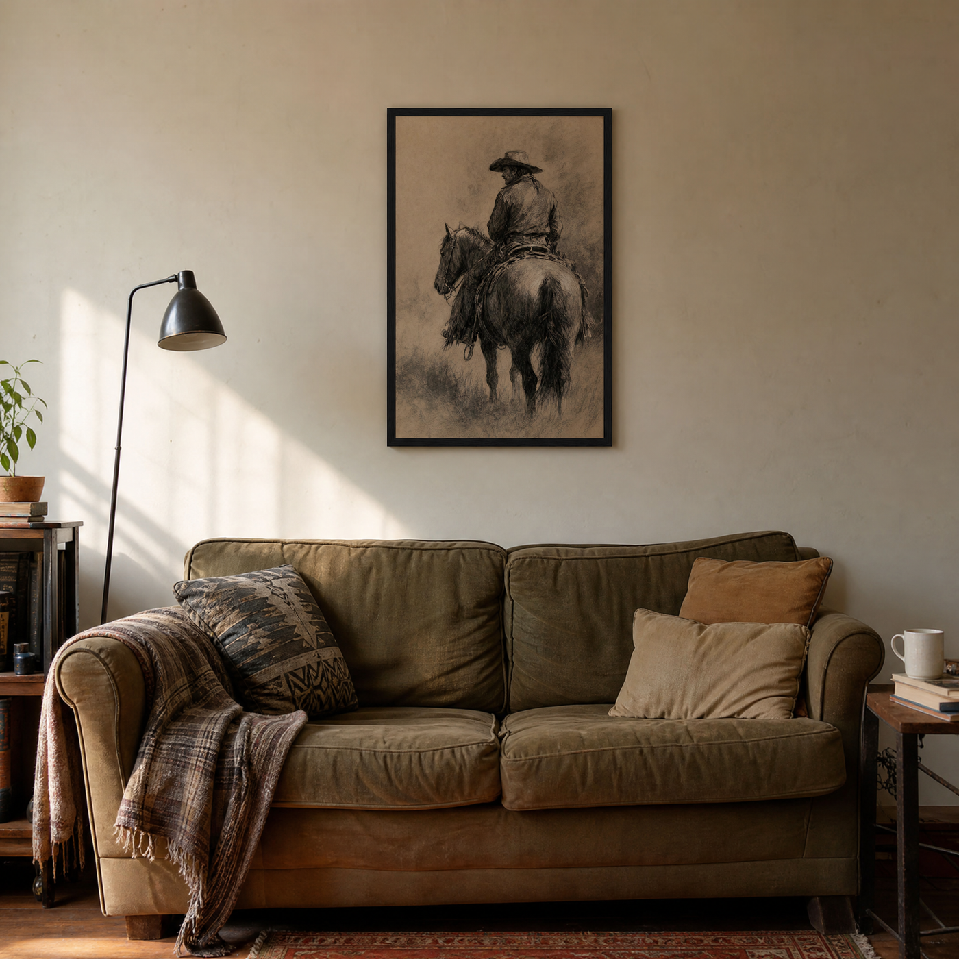 The Cowboy framed charcoal print above a sofa in a lived-in living room