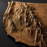 Close-up detail of the sculptural bronze topographic relief — mountains and valleys — on matte museum fine-art paper.