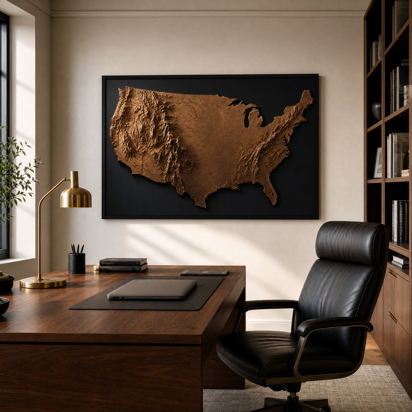 America in Relief map print, 36x24 inch, shown above a walnut desk in a refined modern home office.