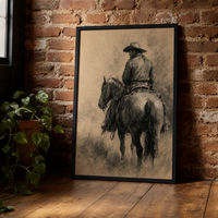 The Cowboy framed charcoal print leaning against a brick wall