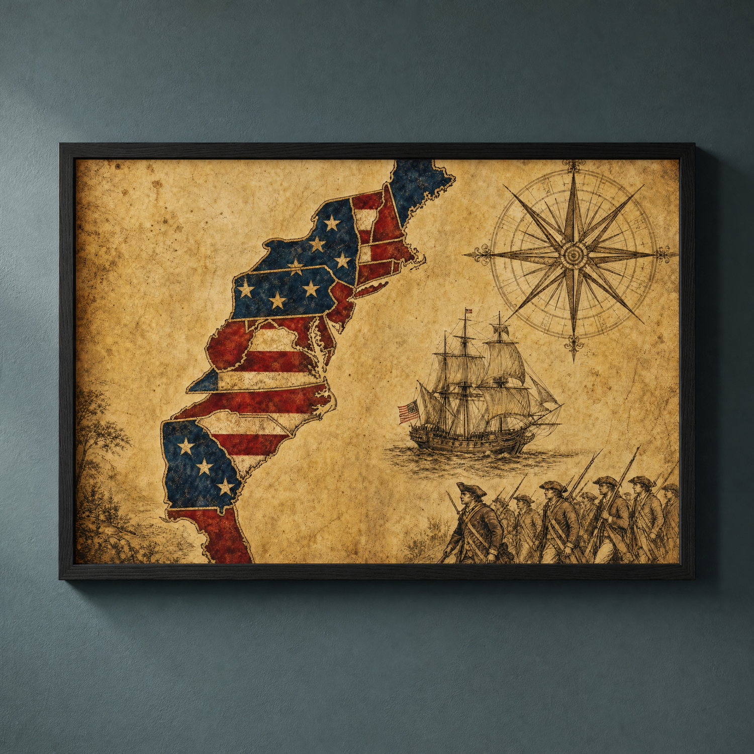 The Thirteen Colonies vintage map print in a slim matte black frame on a teal-slate wall — the original colonies as stars and stripes, ready to hang.