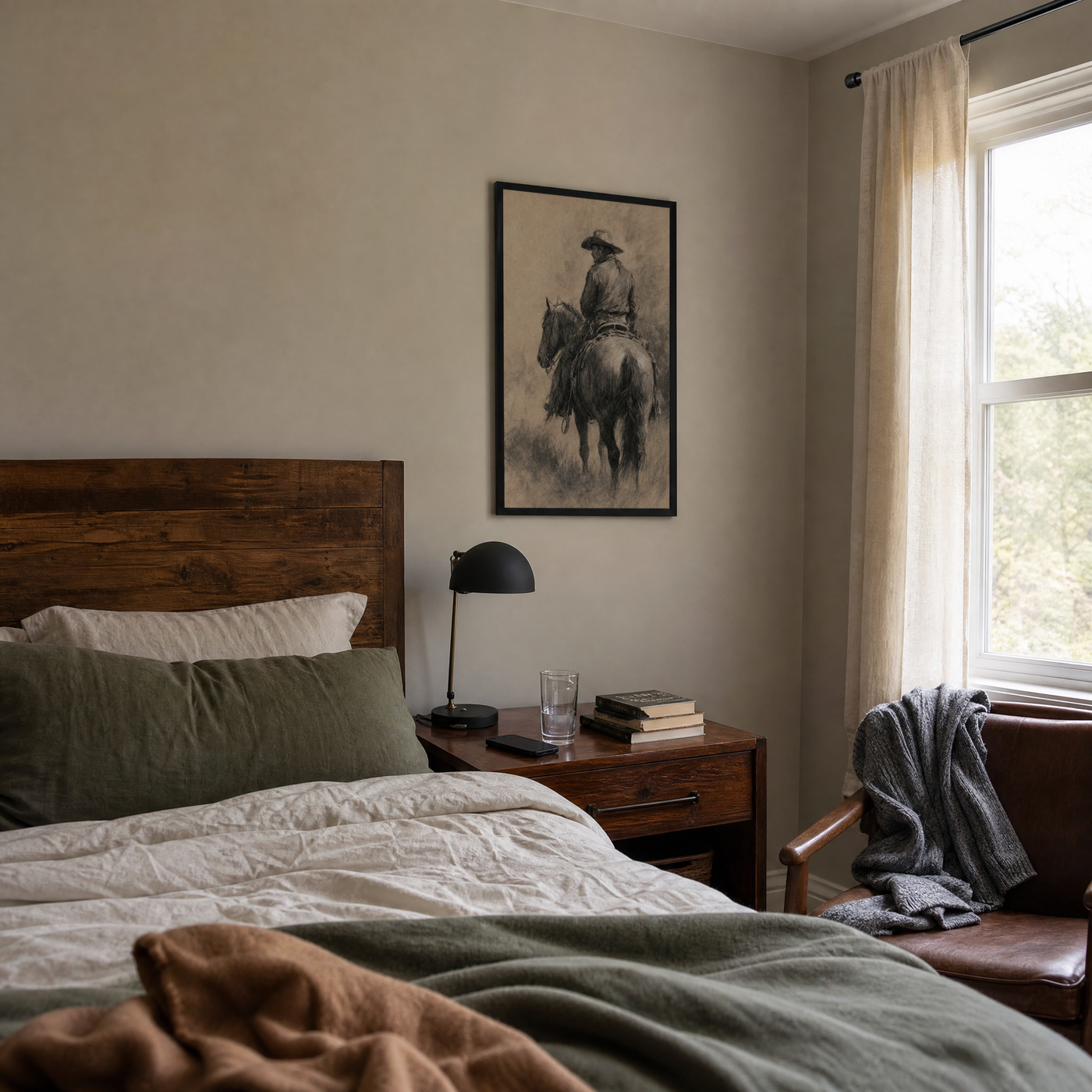The Cowboy framed charcoal print in a lived-in bedroom