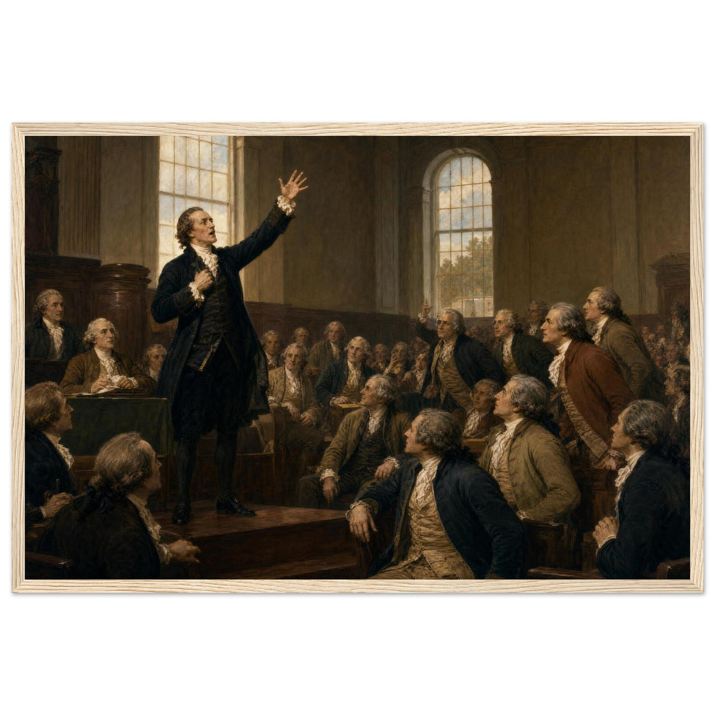 Framed art print of an impassioned orator with raised arm addressing a seated assembly, in a solid wood frame.