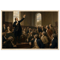 Framed art print of an impassioned orator with raised arm addressing a seated assembly, in a solid wood frame.
