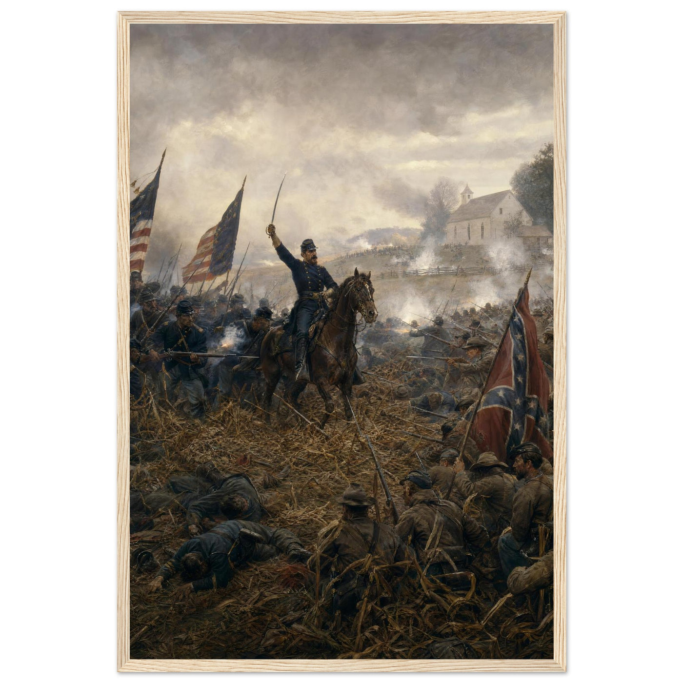 Framed print of a Civil War battlefield, ready to hang.
