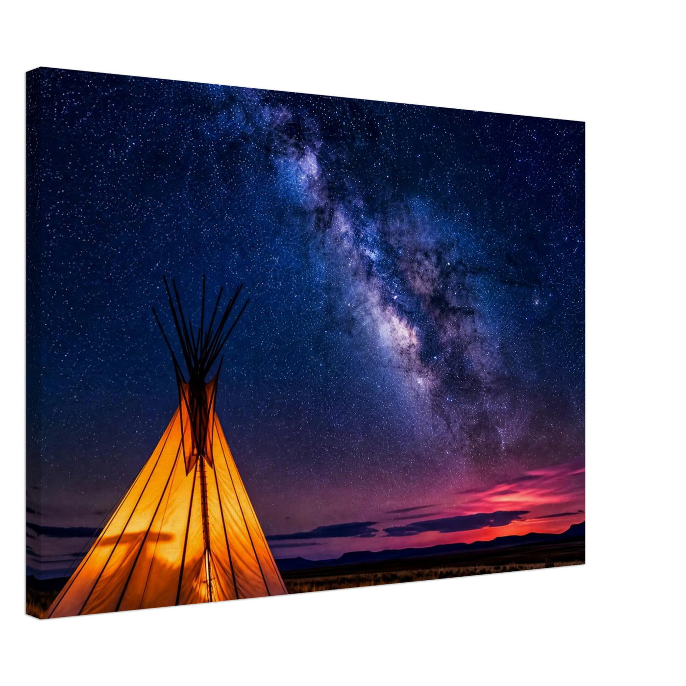 Canvas print of a teepee beneath a starlit sky — room view, ready to hang.