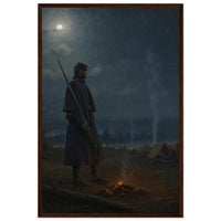 Framed print of a soldier's moonlit vigil by a campfire, ready to hang.