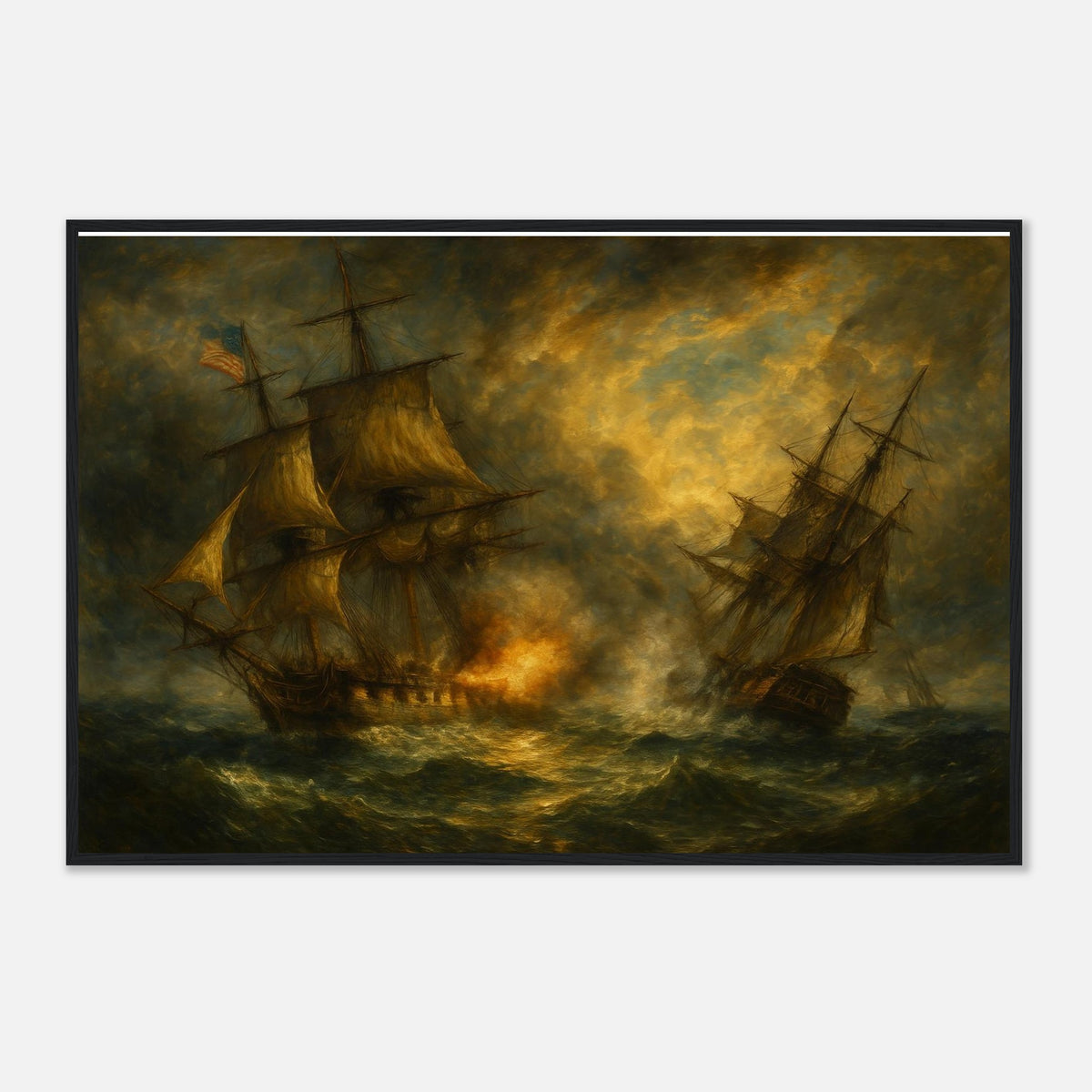 1812 Battle at Sea — framed print of two square-rigged warships trading cannon fire on a dark, stormy sea