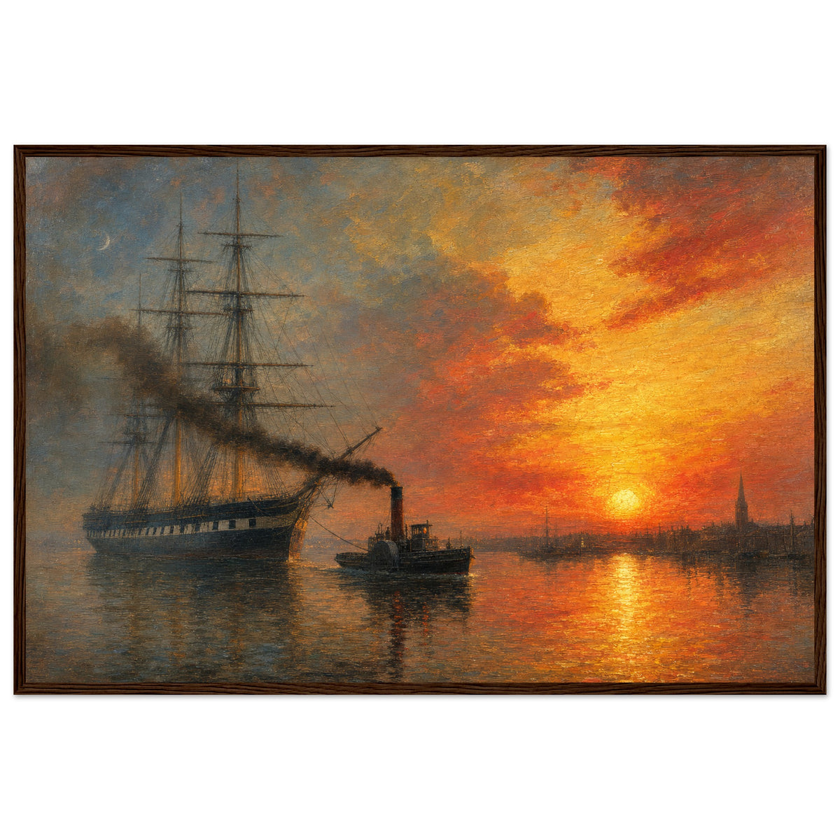 Old Ironsides at Sunset — framed fine art print of a three-masted frigate towed by a small black tug across still water under an orange sunset, in a dark wood frame
