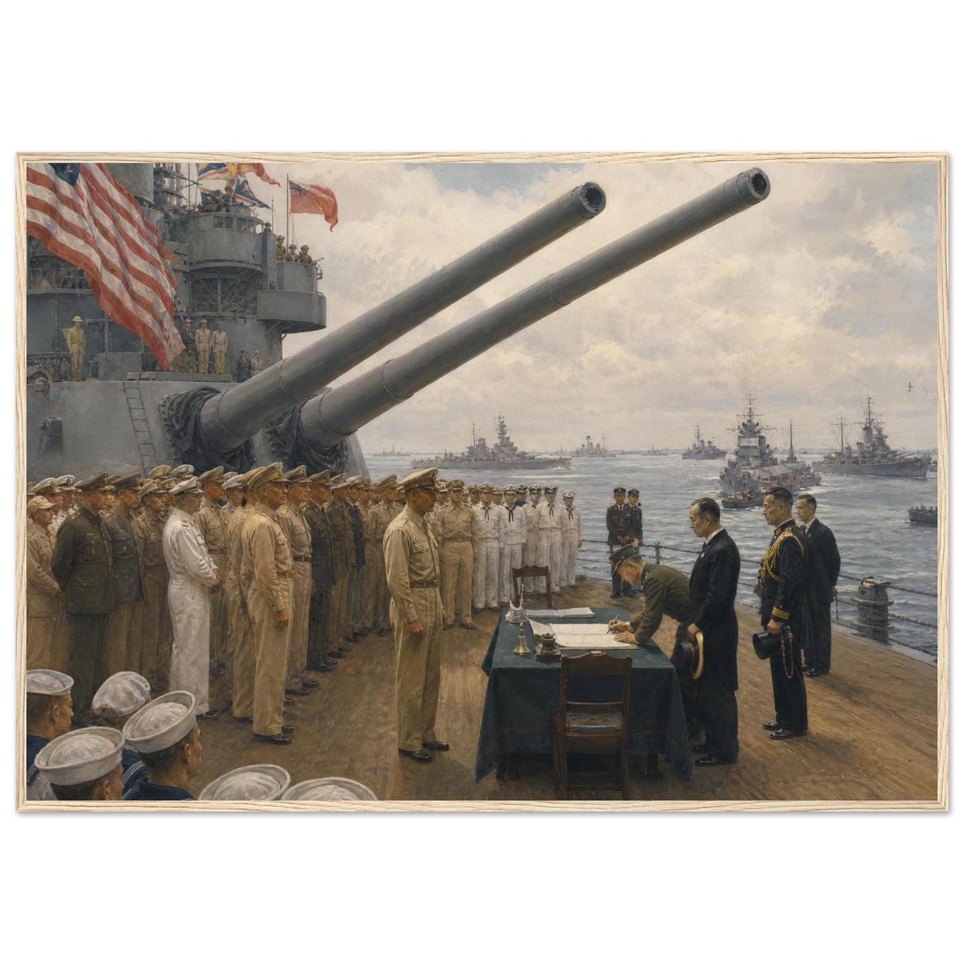 Framed panoramic art print of the 1945 Japanese surrender ceremony aboard the USS Missouri, in a solid wood frame.