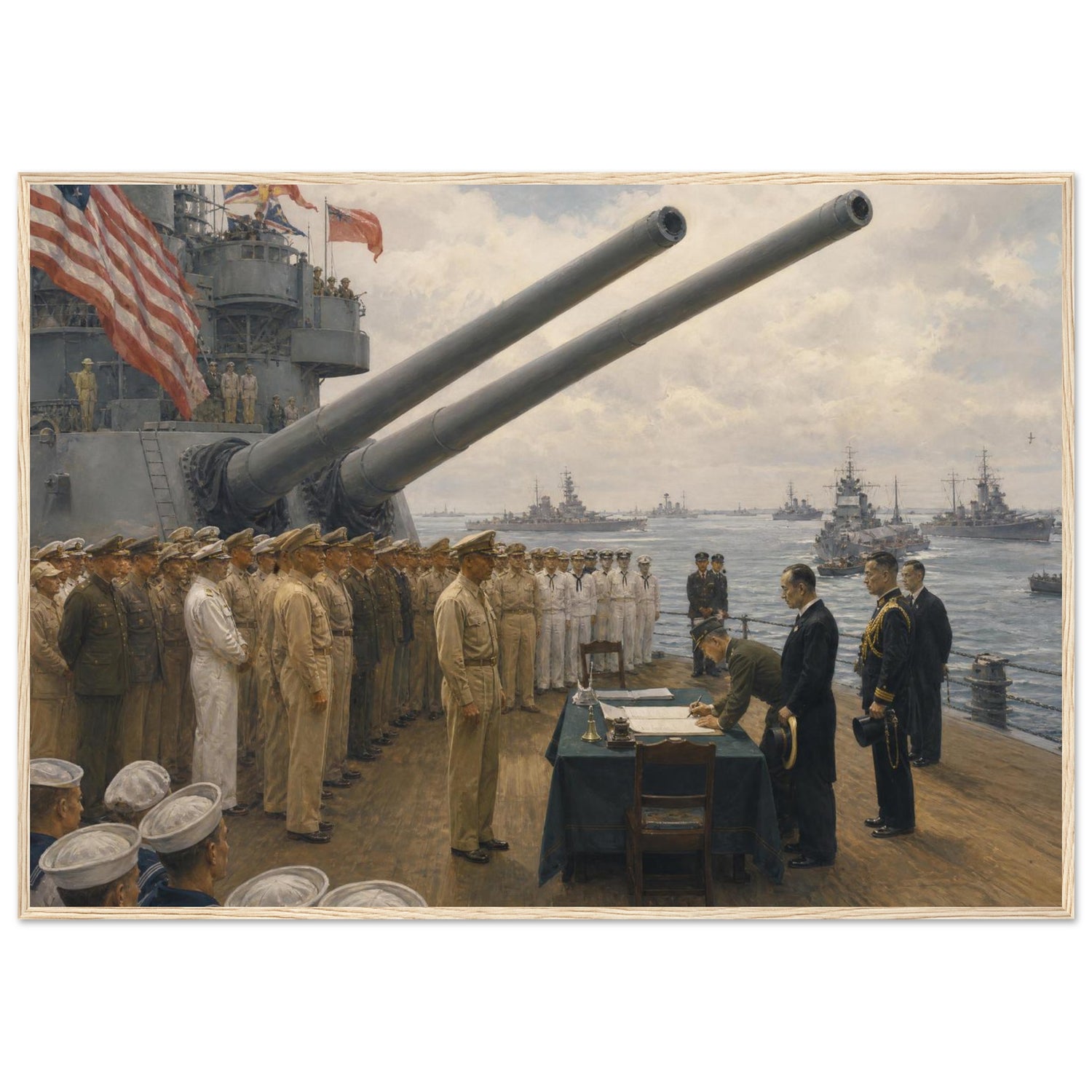 Framed panoramic art print of the 1945 Japanese surrender ceremony aboard the USS Missouri, in a solid wood frame.