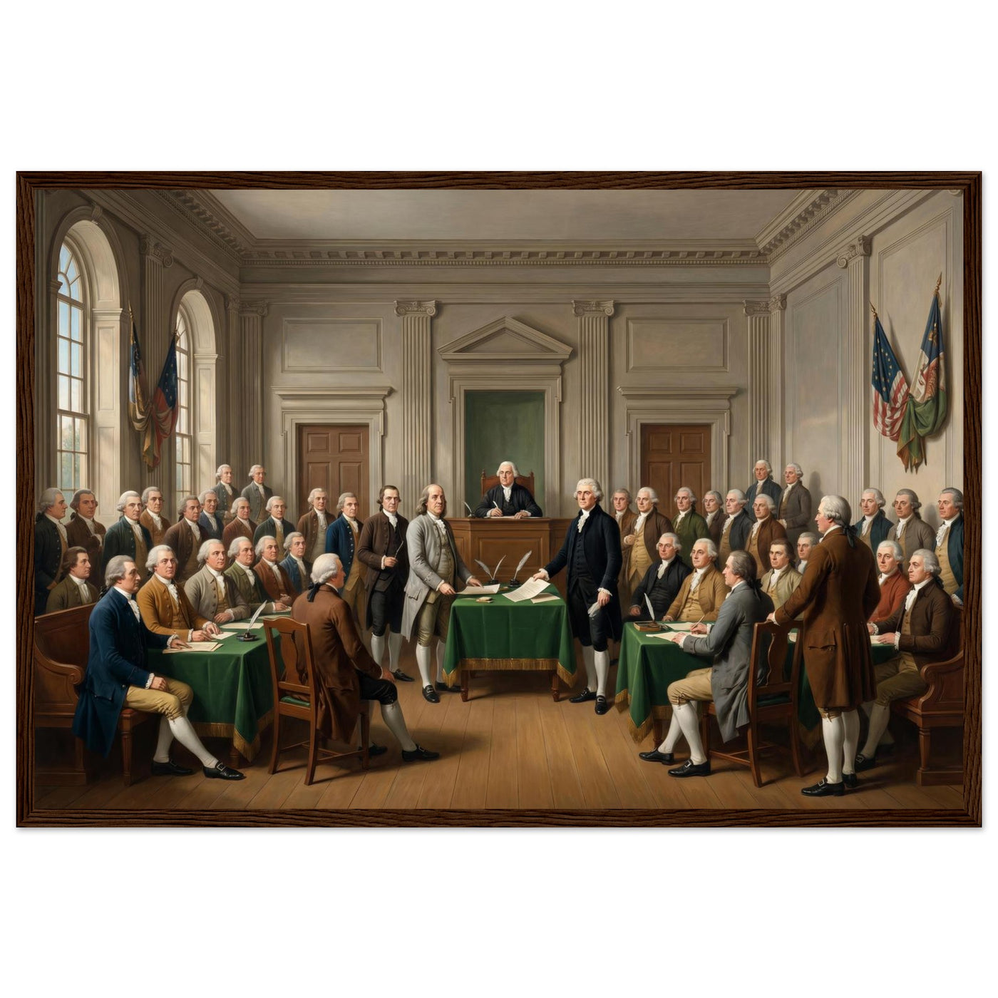 Wooden framed print of the signing of the Declaration — room view, ready to hang.