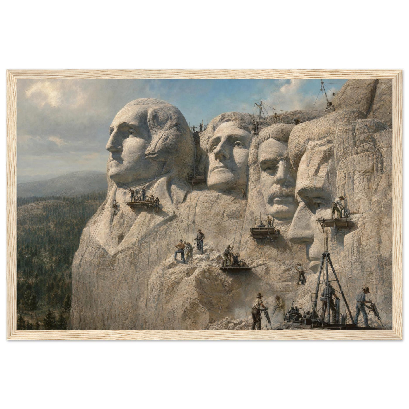 Framed panoramic art print of workers carving the presidential faces of Mount Rushmore, in a solid wood frame.