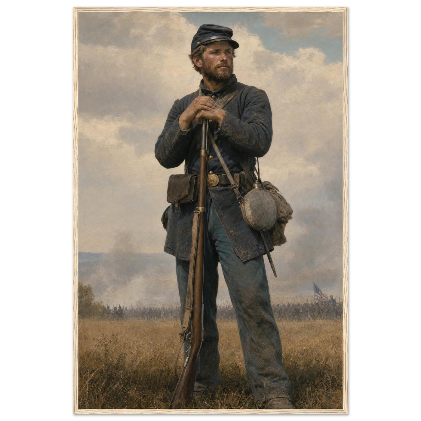 Framed portrait painting of a weary Union soldier standing at rest, leaning on his rifle, in a solid wood frame.