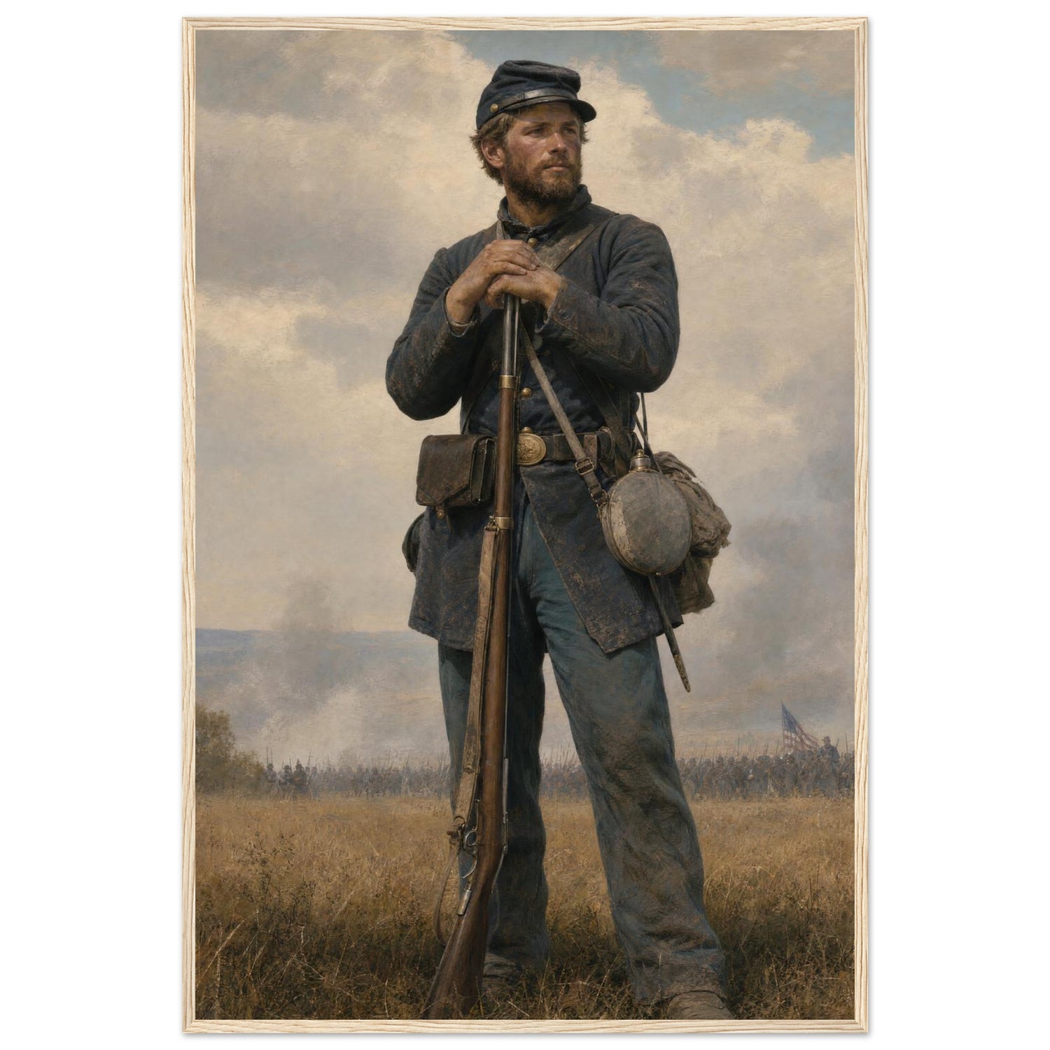 Framed portrait painting of a weary Union soldier standing at rest, leaning on his rifle, in a solid wood frame.