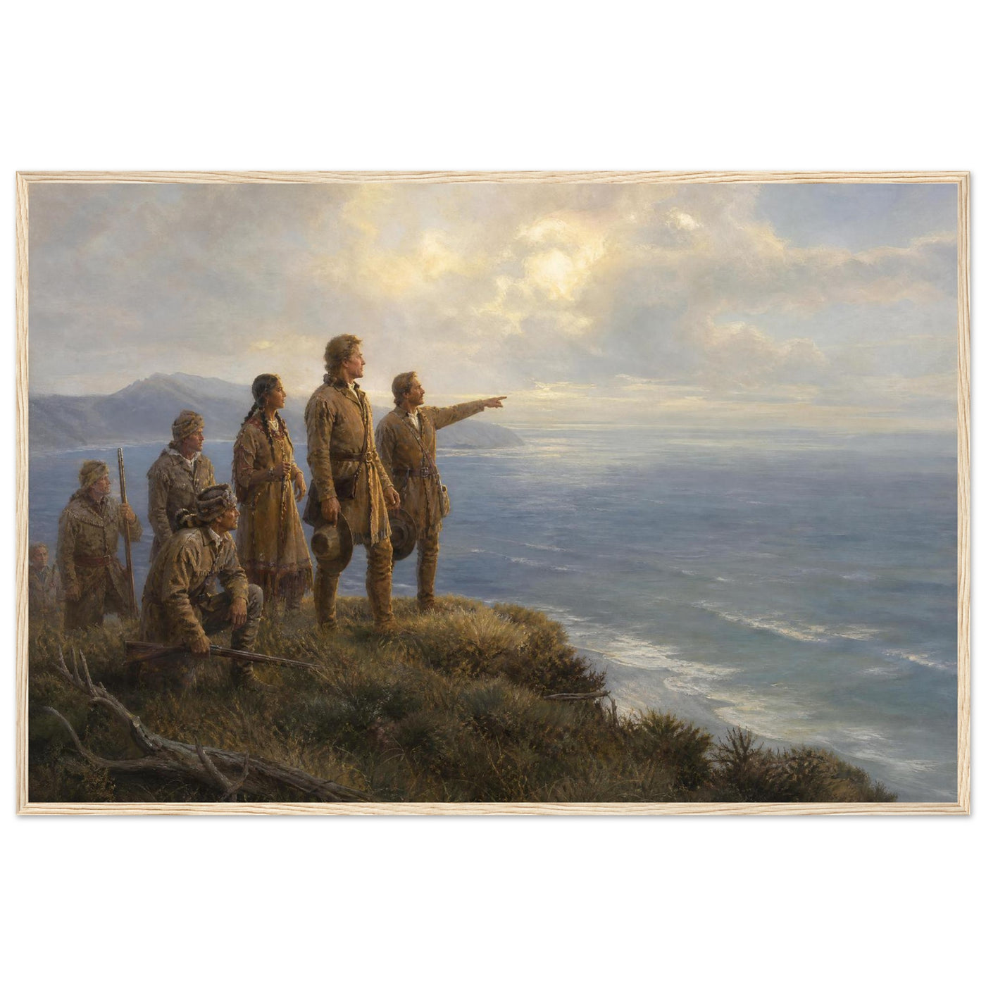 Wooden framed print of Lewis and Clark reaching the Pacific — room view, ready to hang.