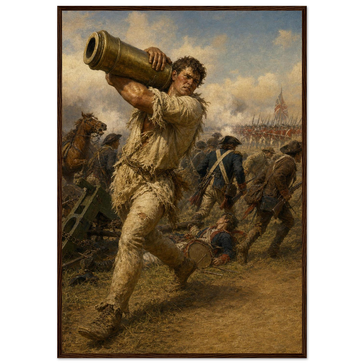 Peter Francisco and the Cannon — framed fine art print of a man carrying a cannon barrel, 12x18″ in a dark wood frame