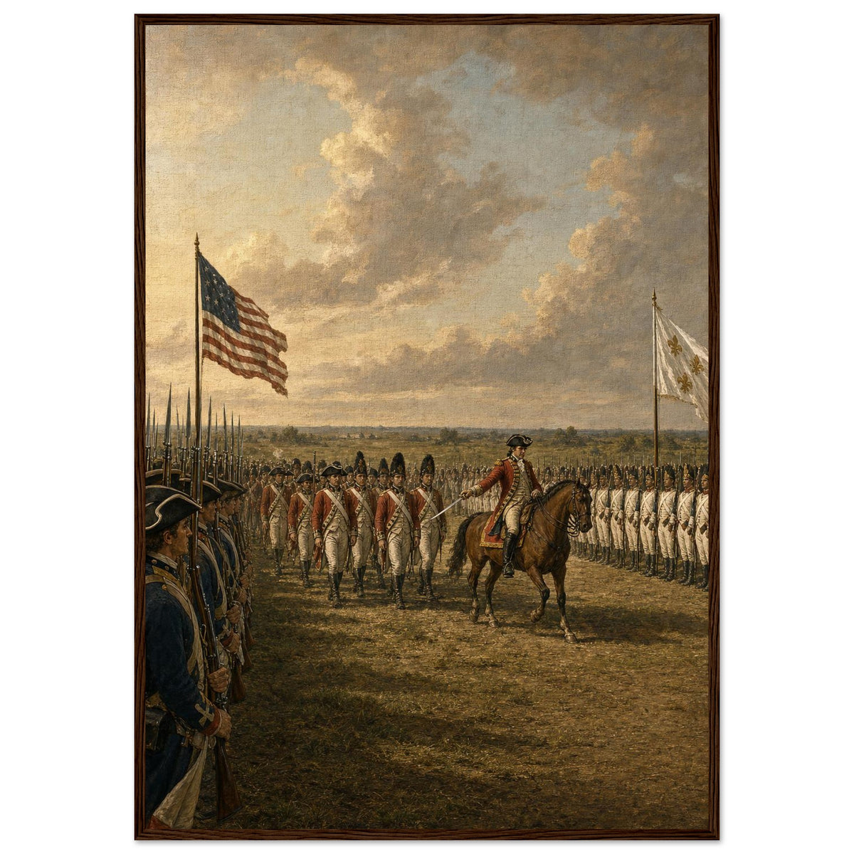 Yorktown, 1781 — framed fine art print of British troops marching between allied lines, 12x18″ in a dark wood frame