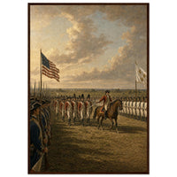 Yorktown, 1781 — framed fine art print of British troops marching between allied lines, 12x18″ in a dark wood frame