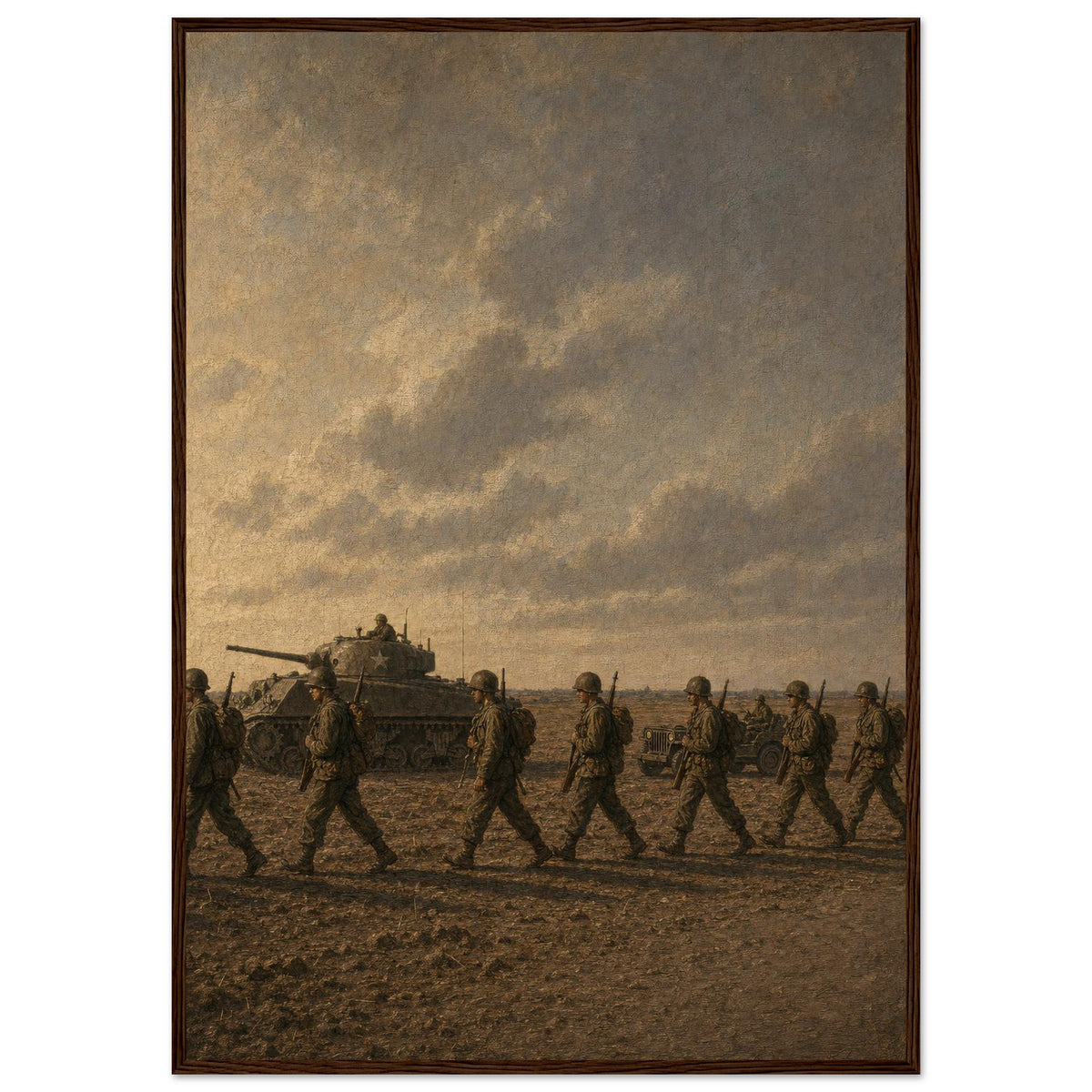 By Land — framed fine art print of an infantry column marching past a Sherman tank, 28x40″ in a dark wood frame