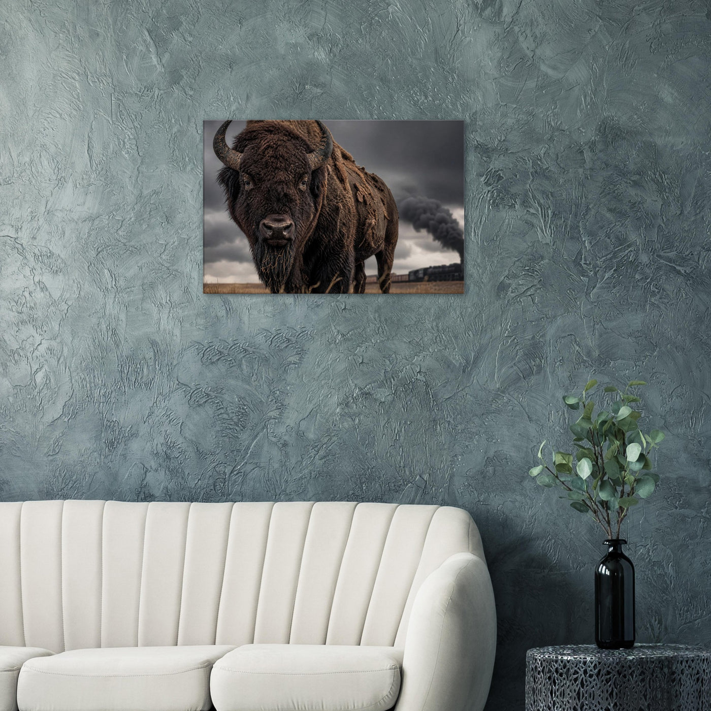 Canvas print of a bison and a train on the plains — room view, ready to hang.