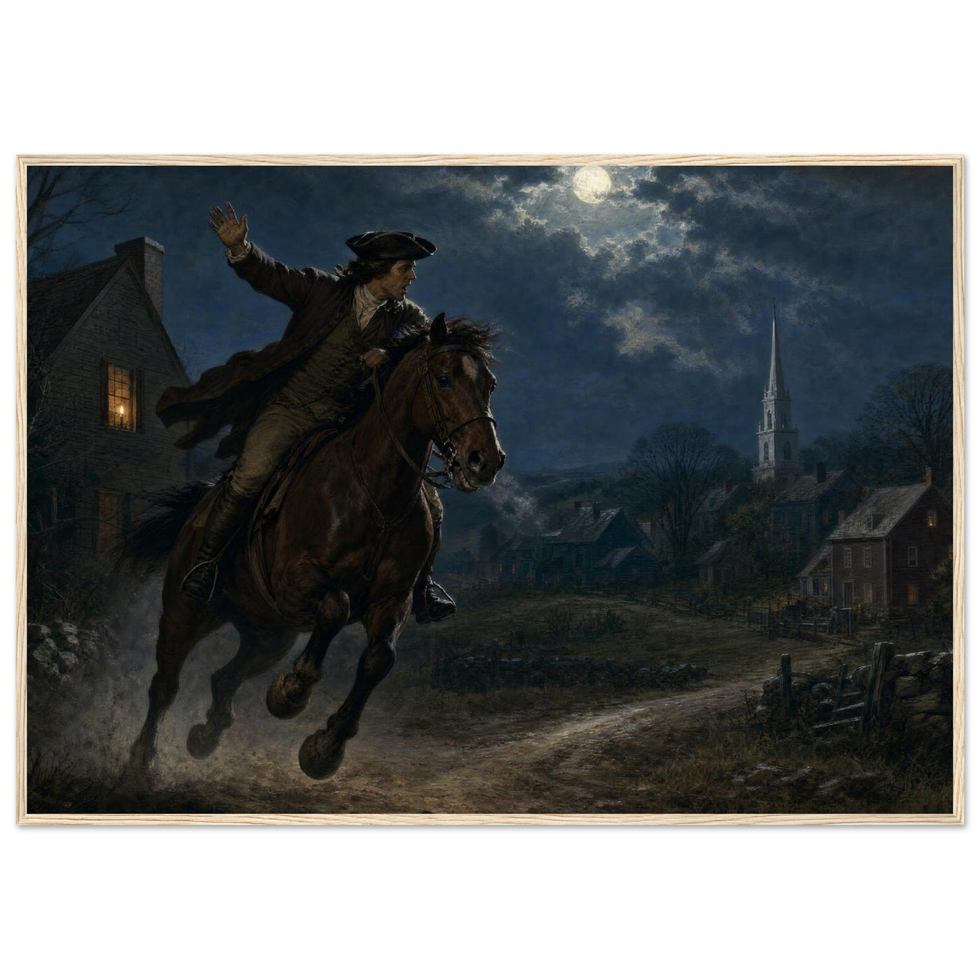 Framed print of Paul Revere's midnight ride, ready to hang.
