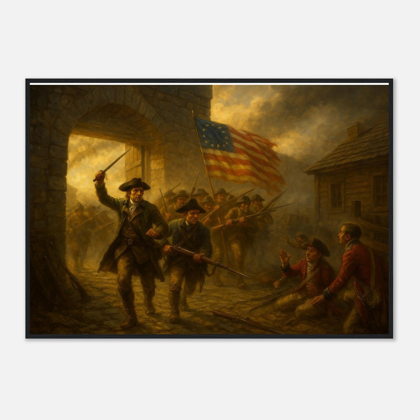 Framed print of the capture of Fort Ticonderoga, ready to hang.