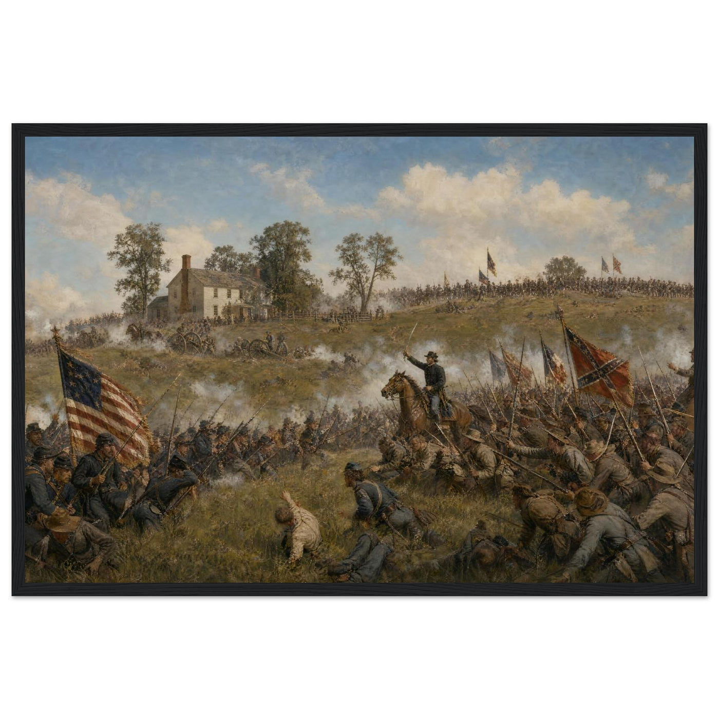 Framed panoramic art print of Confederate troops advancing across the open field during Pickett's Charge at Gettysburg, in a solid wood frame.