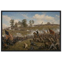 Framed panoramic art print of Confederate troops advancing across the open field during Pickett's Charge at Gettysburg, in a solid wood frame.