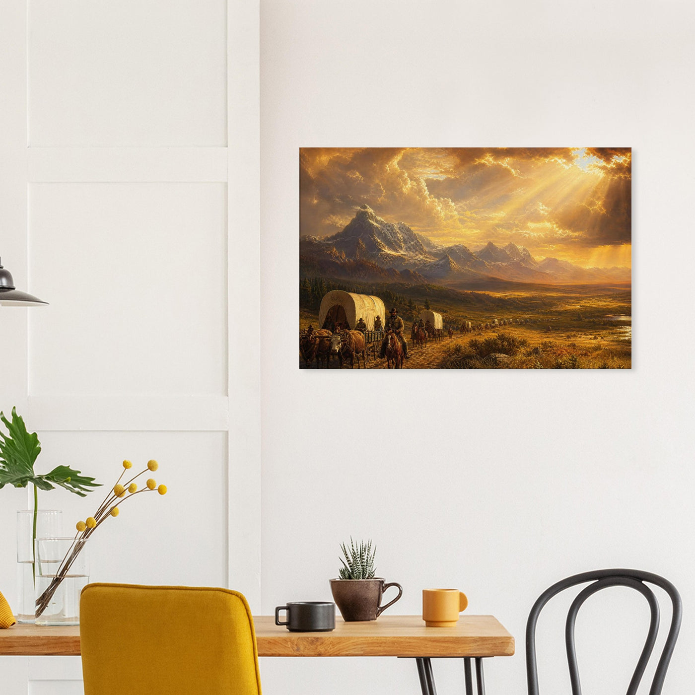 Canvas print of a pioneer wagon at golden hour — room view, ready to hang.