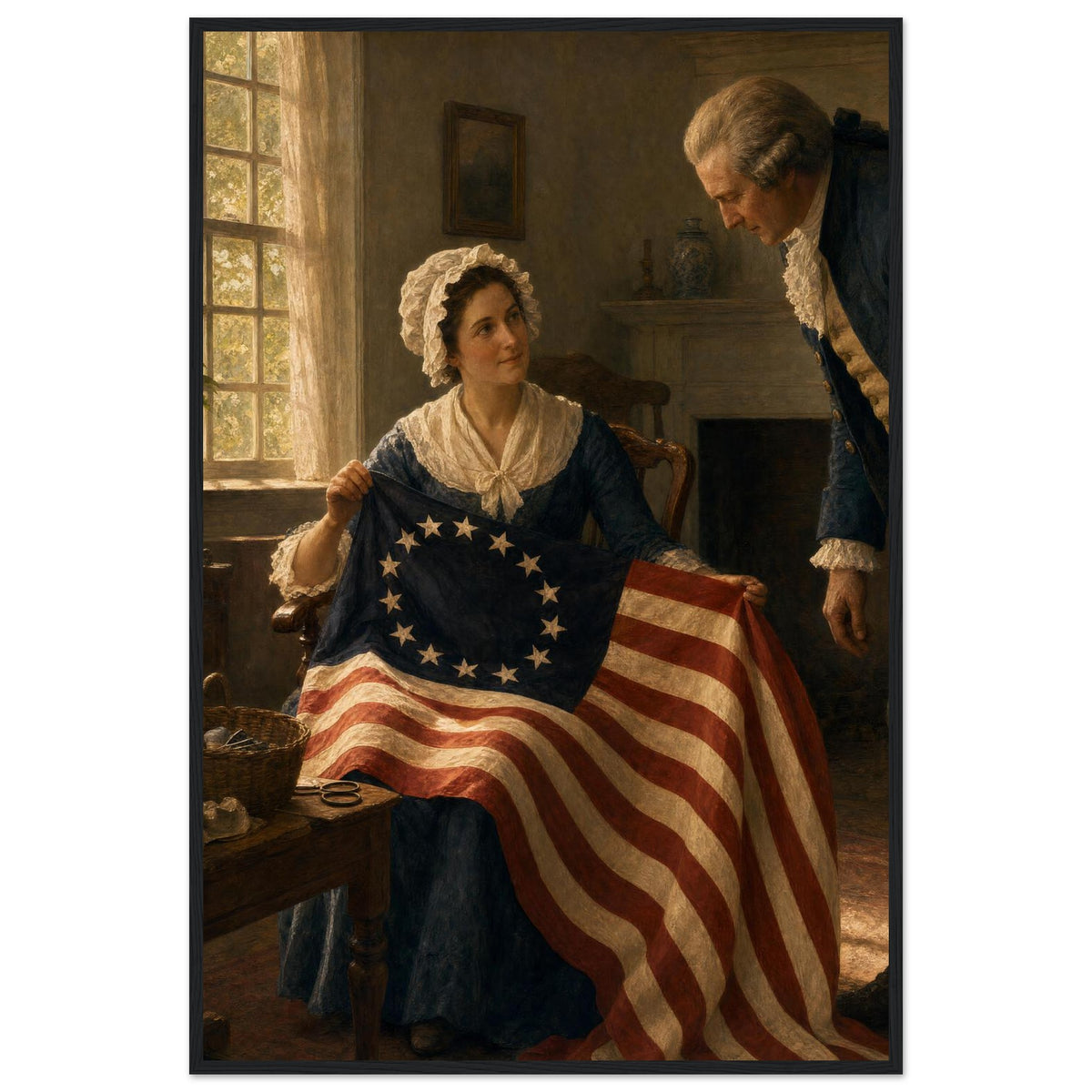Framed print of Betsy Ross sewing the first American flag, ready to hang.