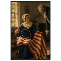 Framed print of Betsy Ross sewing the first American flag, ready to hang.